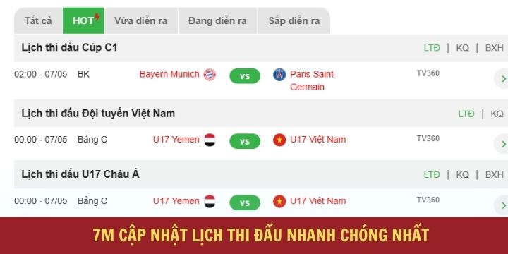 7m cập nhật sát sao lịch thi đấu từ nhiều giải tranh tài